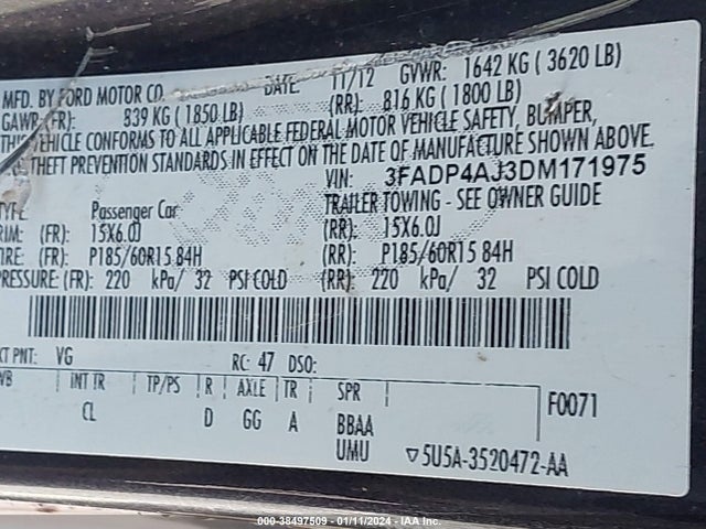 2013 FORD FIESTA S VIN: 3FADP4AJ3DM171975