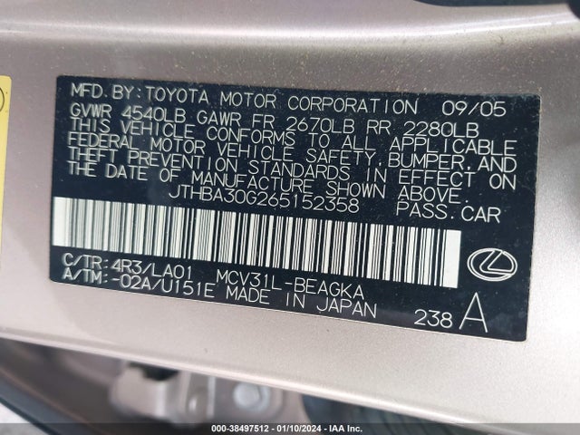 38497512 :رقم المزاد ، JTHBA30G265152358 vin ، 2006 Lexus Es 330 مزاد بيع