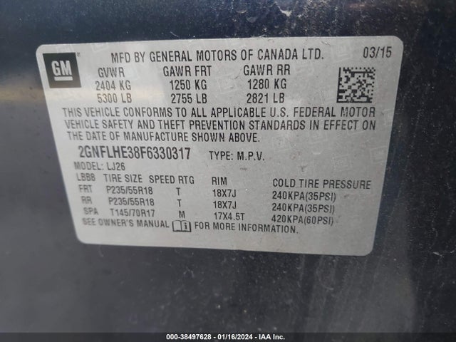 2015 CHEVROLET EQUINOX LTZ VIN: 2GNFLHE38F6330317