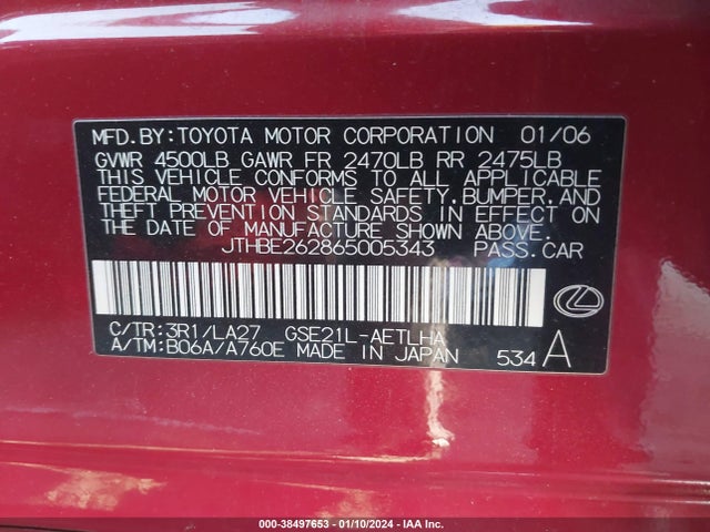 2006 LEXUS IS 350 VIN: JTHBE262865005343