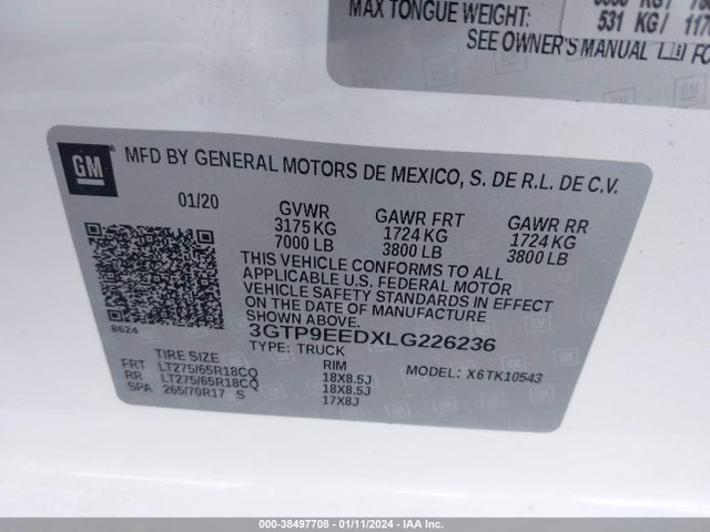3GTP9EEDXLG226236 GMC Sierra 1500 4wd  Short Box At4