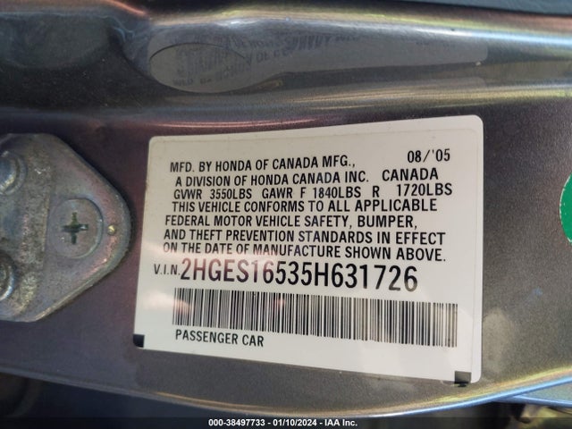 2005 HONDA CIVIC LX VIN: 2HGES16535H631726