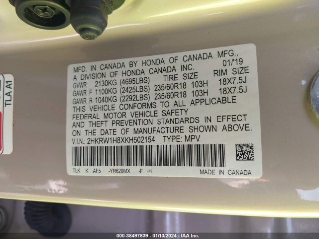 2HKRW1H8XKH502154 Honda Cr-v Ex-l