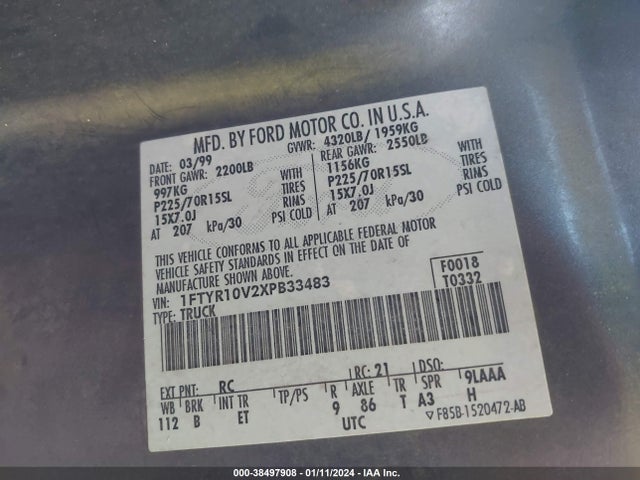 1999 FORD RANGER XL/XLT VIN: 1FTYR10V2XPB33483