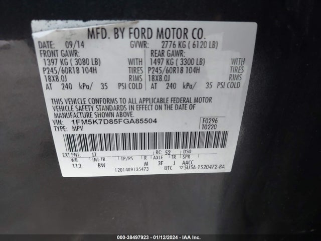 Ford EXPLORER XLT 2015 1FM5K7D85FGA85504 Image 9
