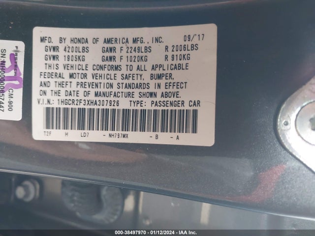 Honda ACCORD LX 2017 1HGCR2F3XHA307926 Image 9