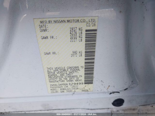 1N4AL3AP0GN329499 Nissan Altima 2.5/2.5 S/2.5 Sl/2.5 Sr/2.5 Sv