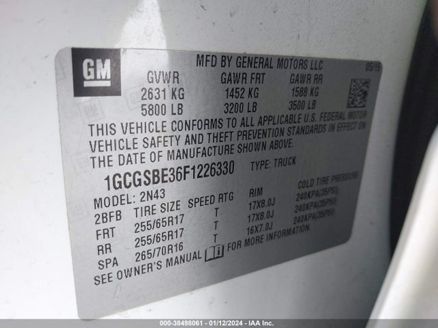 2015 CHEVROLET COLORADO LT VIN: 1GCGSBE36F1226330