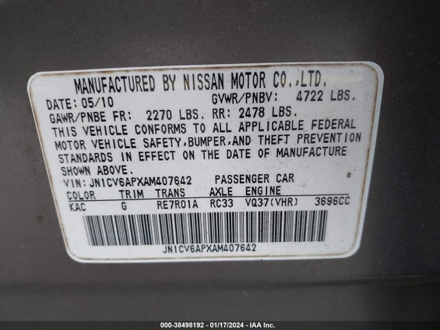 2010 INFINITI G37 VIN: JN1CV6APXAM407642