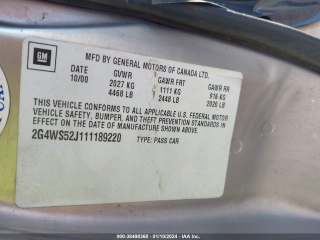 2001 BUICK CENTURY CUSTOM VIN: 2G4WS52J111189220
