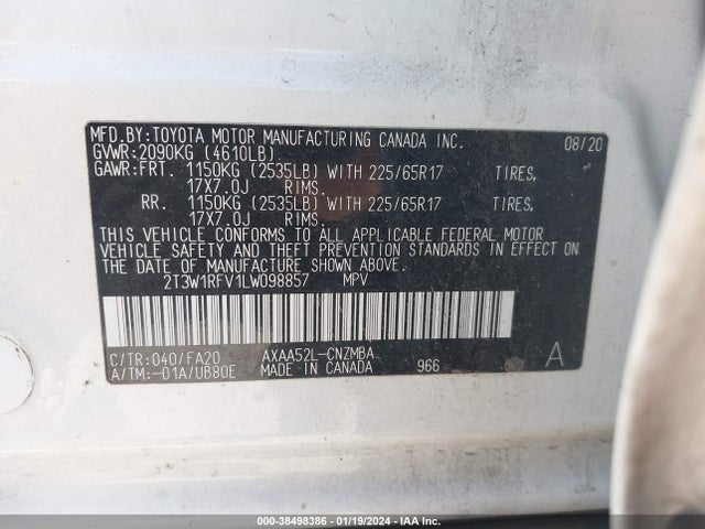 Toyota Rav4 Xle 2020 2T3W1RFV1LW098857 Image 9