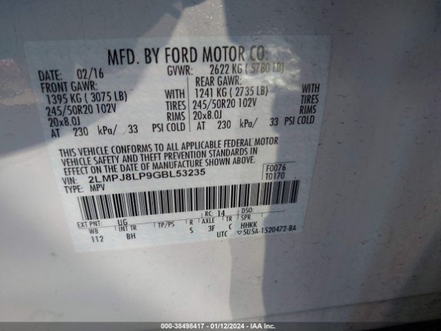2LMPJ8LP9GBL53235 Lincoln Mkx Reserve
