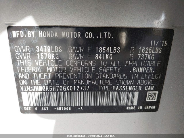 Honda FIT EX 2016 JHMGK5H70GX012737 Image 9