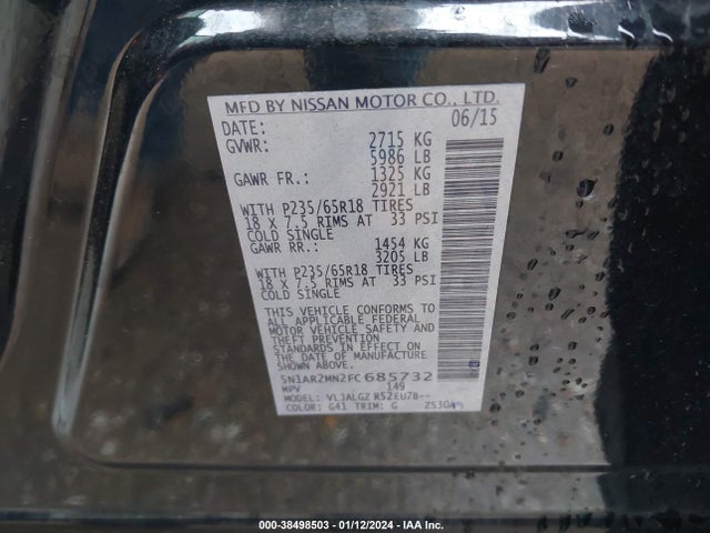Nissan Pathfinder Sl 2015 5N1AR2MN2FC685732 Image 9