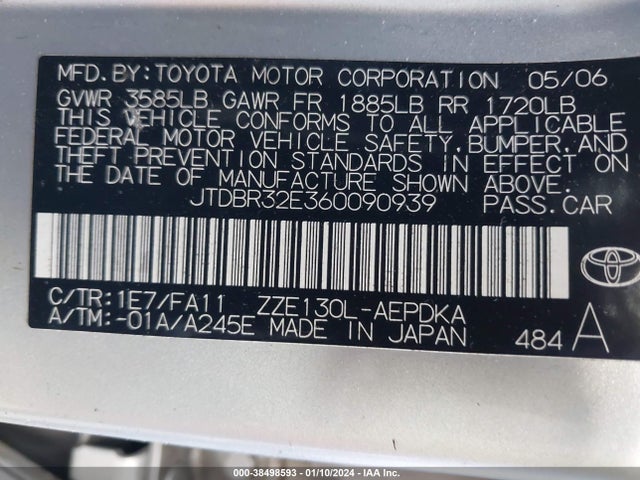 2006 TOYOTA COROLLA CE VIN: JTDBR32E360090939