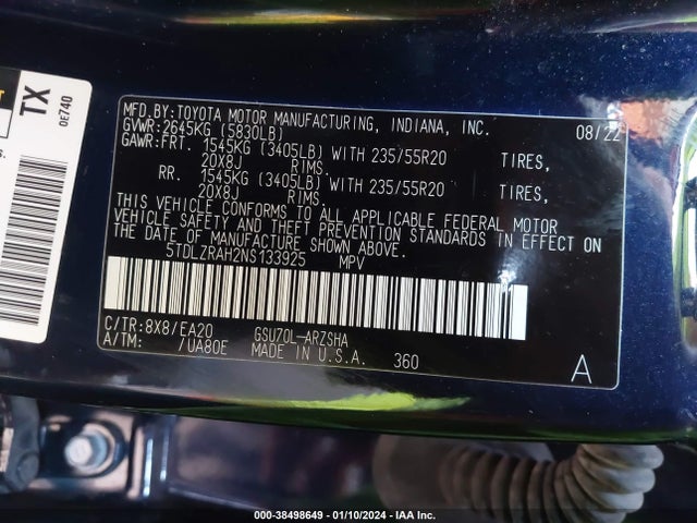 Toyota Highlander Xse 2022 5TDLZRAH2NS133925 Image 9