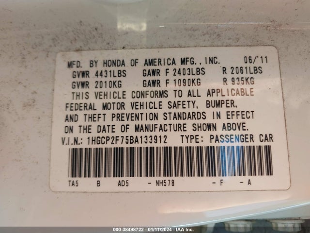 2011 HONDA ACCORD 2.4 EX VIN: 1HGCP2F75BA133912