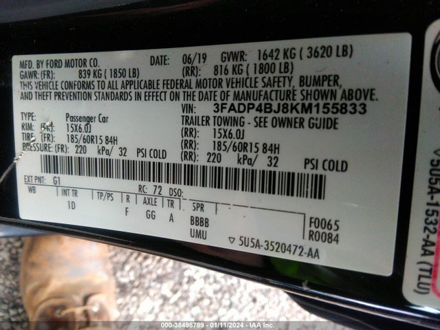 2019 FORD FIESTA SE VIN: 3FADP4BJ8KM155833