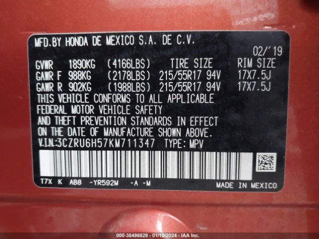3CZRU6H57KM711347 Honda HR-V EX