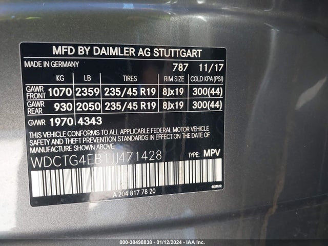 2018 MERCEDES-BENZ GLA 250 VIN: WDCTG4EB1JJ471428