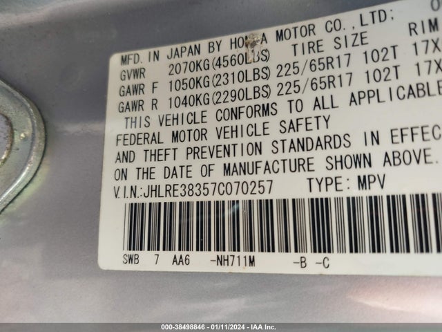 2007 HONDA CR-V LX VIN: JHLRE38357C070257