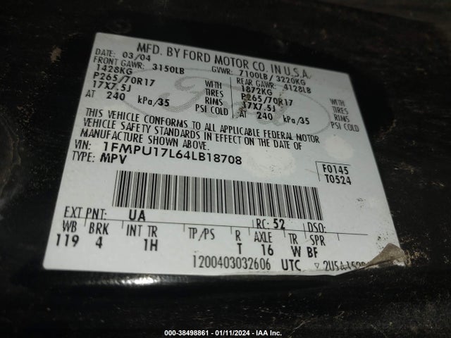 2004 FORD EXPEDITION EDDIE BAUER VIN: 1FMPU17L64LB18708