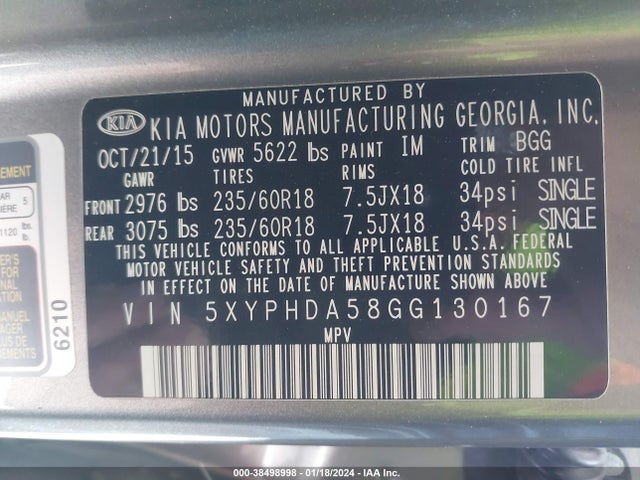 KIA Sorento 3.3l Ex 2016 5XYPHDA58GG130167 Image 9