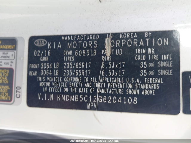 2016 KIA SEDONA LX VIN: KNDMB5C12G6204108