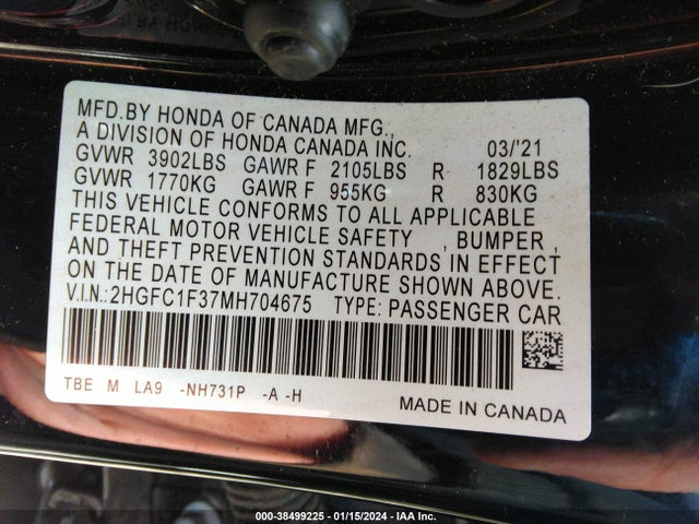 Honda CIVIC EX 2021 2HGFC1F37MH704675 Image 9