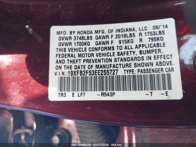 Honda Civic Lx 2014 19XFB2F53EE255727 Image 9