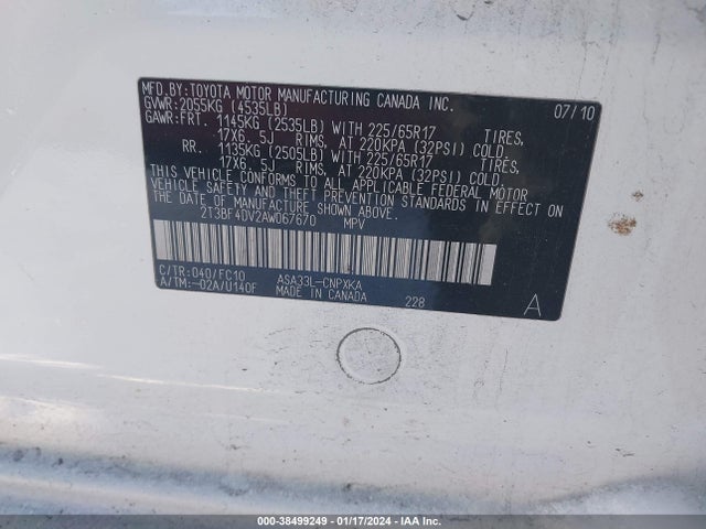 2010 TOYOTA RAV4 VIN: 2T3BF4DV2AW067670