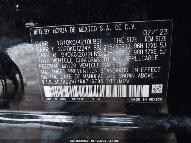 3CZRZ2H74RM716785 Honda Hr-v Awd Ex-l/awd Ex-l W/o Bsi