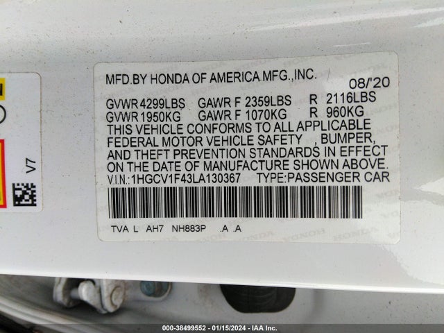 Honda ACCORD EX 2020 1HGCV1F43LA130367 Image 9