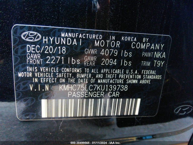 Aukcja sprzedaży 2019 Hyundai Ioniq Hybrid Sel, vin: KMHC75LC7KU139738, numer aukcji: 38499565