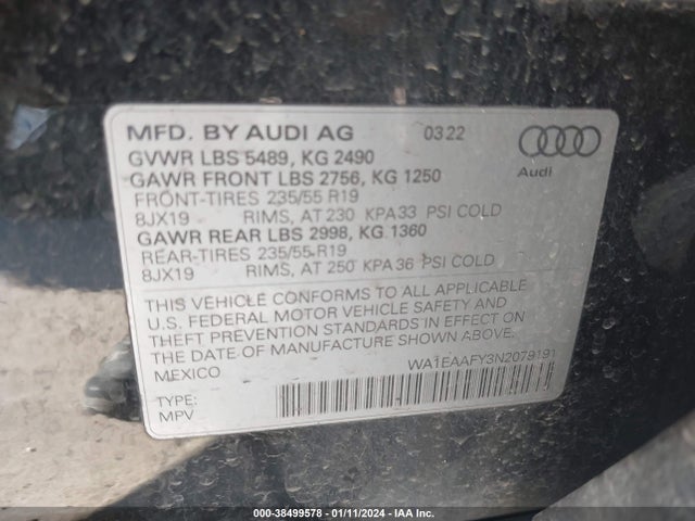 WA1EAAFY3N2079191 Audi Q5 Premium Plus 45 Tfsi S Line Quattro S Tronic