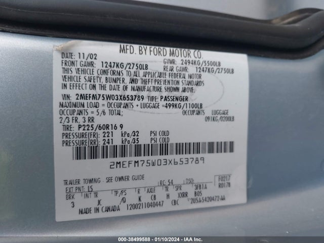 2003 MERCURY GRAND MARQUIS LS PREMIUM/LS ULTIMATE VIN: 2MEFM75W03X653789