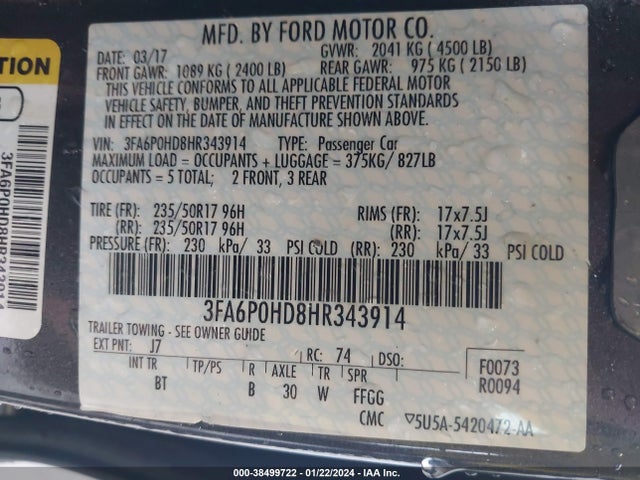 Ford FUSION SE 2017 3FA6P0HD8HR343914 Image 9