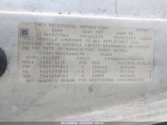 1995 CHEVROLET ASTRO VIN: 1GCDM19W0SB260179