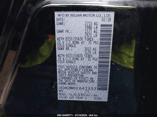 2018 NISSAN PATHFINDER PLATINUM VIN: 5N1DR2MM0JC641533