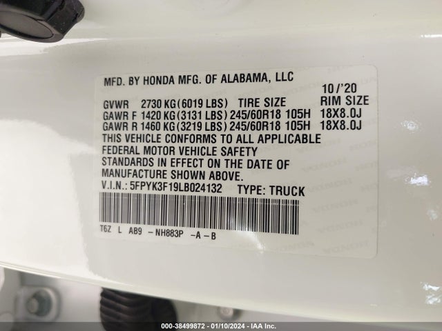Honda Ridgeline Awd Sport 2020 5FPYK3F19LB024132 Image 9