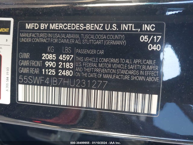 2017 MERCEDES-BENZ C 300 LUXURY/SPORT VIN: 55SWF4JB7HU231277