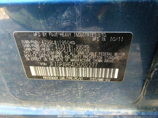 2012 SUBARU IMPREZA 2.0I LIMITED VIN: JF1GPAH64CH202277