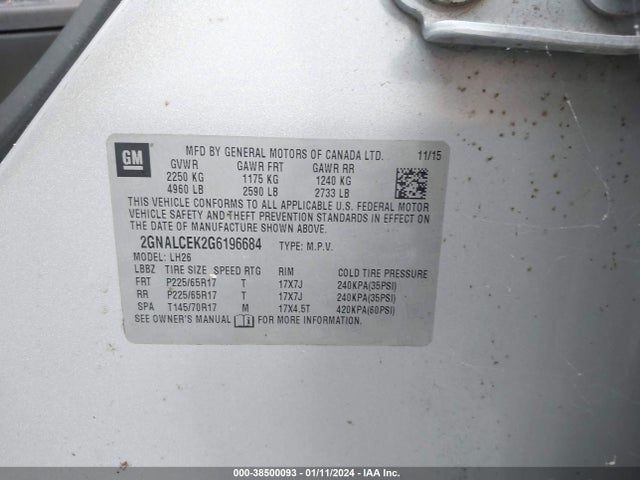 Chevrolet EQUINOX LT 2016 2GNALCEK2G6196684 Image 9