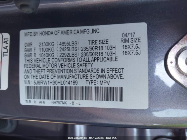 5J6RW1H90HL014189 Honda Cr-v Touring