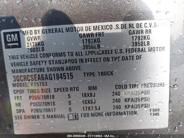 2010 CHEVROLET SILVERADO 1500 LT VIN: 3GCRCSEA6AG184515
