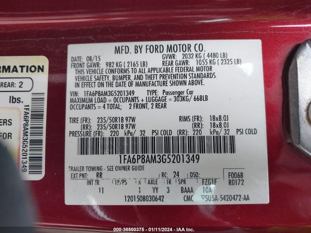 2016 FORD MUSTANG V6 VIN: 1FA6P8AM3G5201349