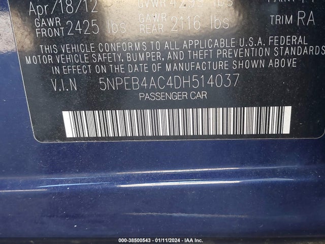 2013 HYUNDAI SONATA GLS VIN: 5NPEB4AC4DH514037