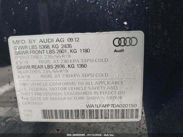 2013 AUDI Q5 2.0T PREMIUM VIN: WA1LFAFP7DA020150