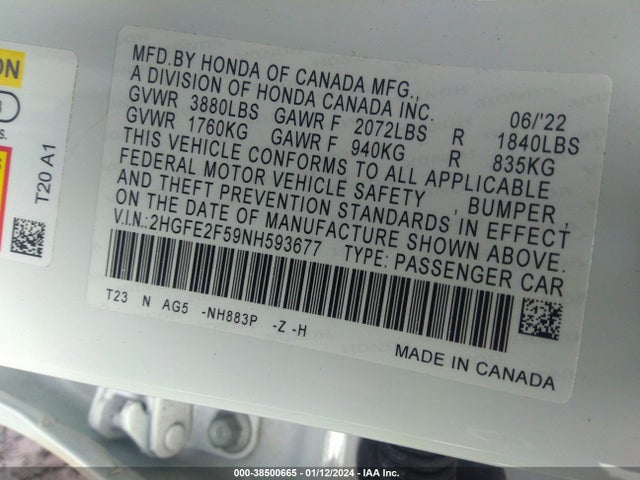 Honda Civic Sport 2022 2HGFE2F59NH593677 Image 9