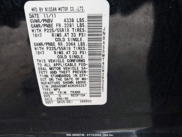 2012 NISSAN ROGUE SV W/SL PKG VIN: JN8AS5MT4CW263257
